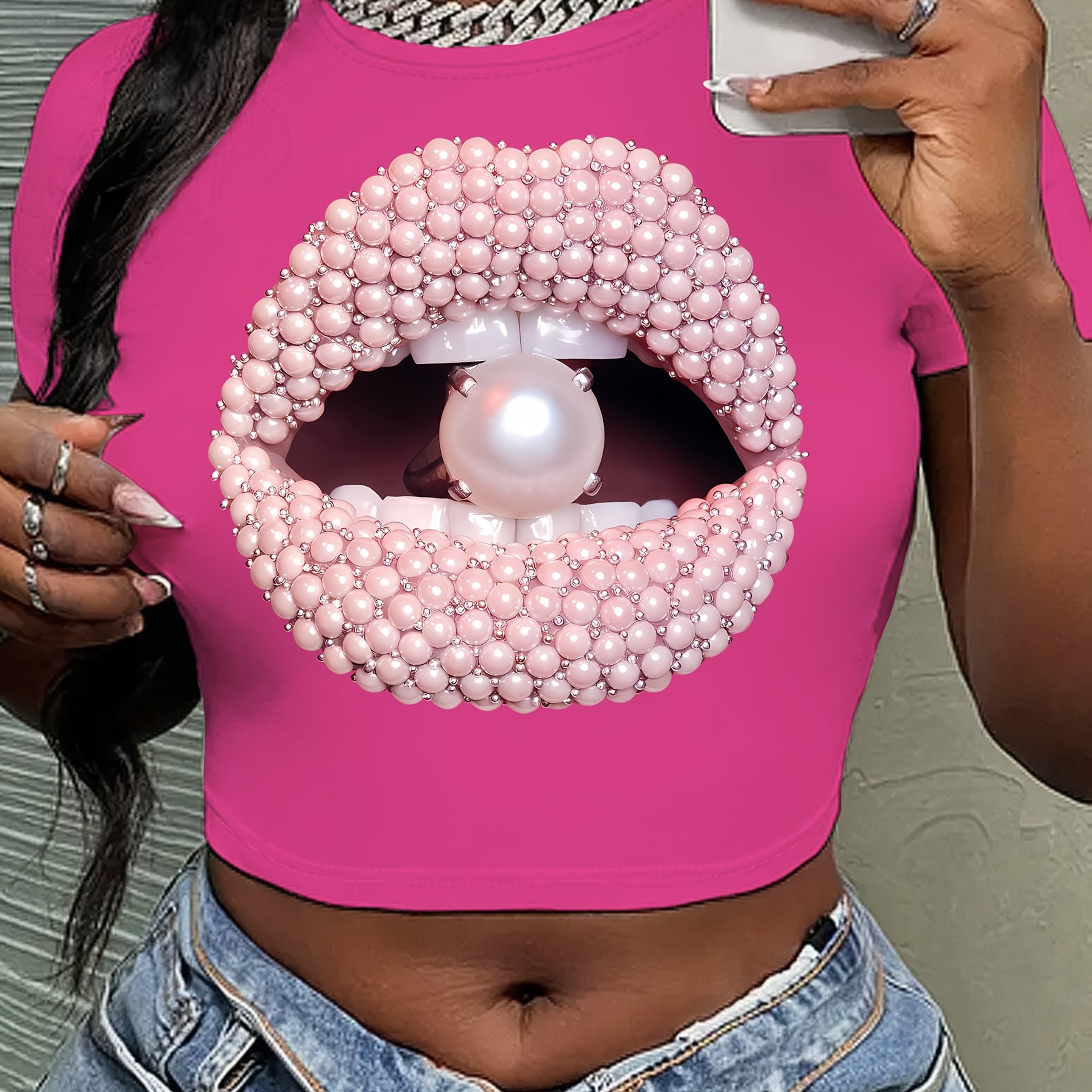Y2K Short Sleeve Crew Neck Polyester Knit Fabric Medium Stretch T-Shirt, Regular Length, All Season, with Lips & Pearl Pattern, for Women