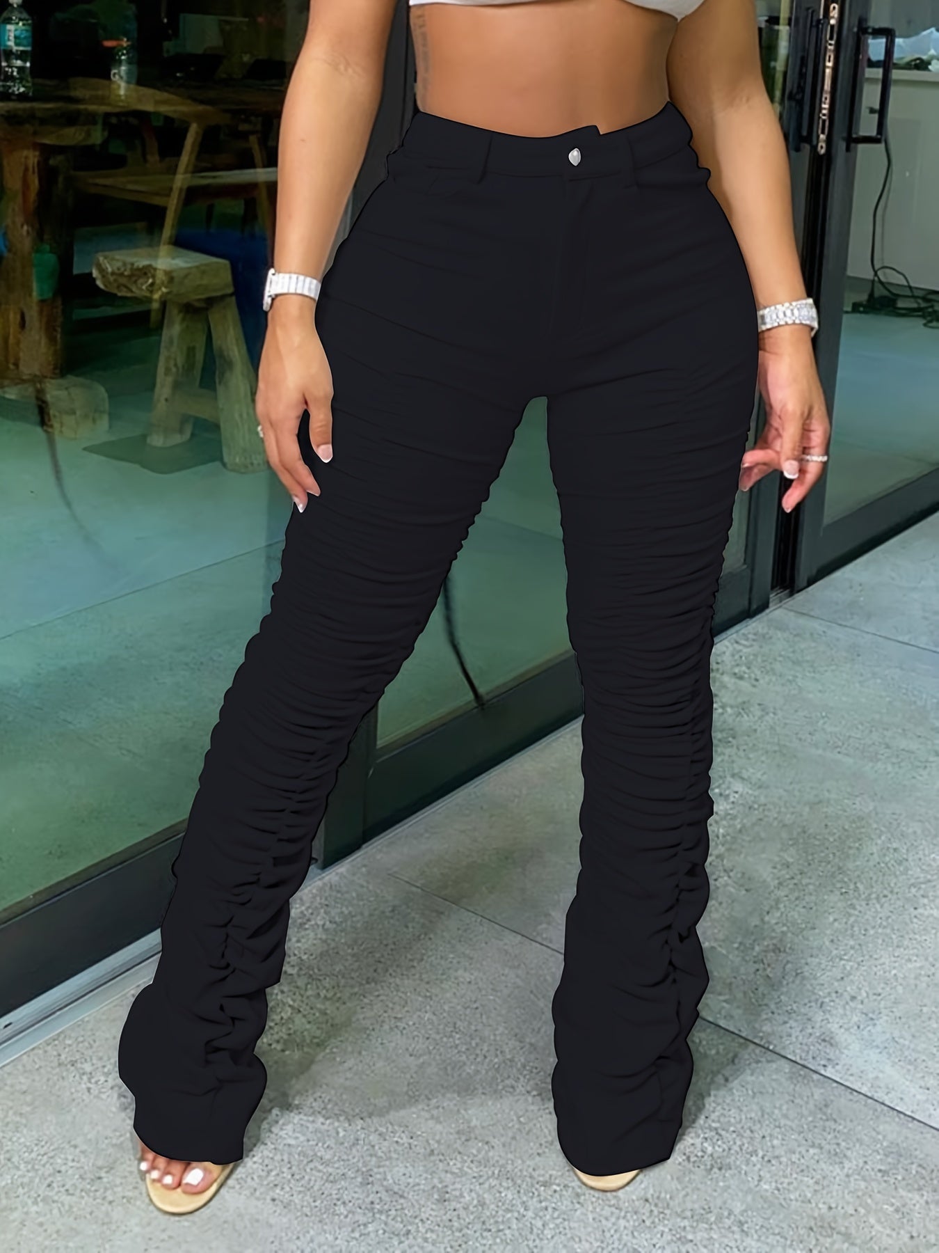 Solid High Waist Long Length Pants, Casual Stretchy Pleated All Seasons Pants, Women's Clothing
