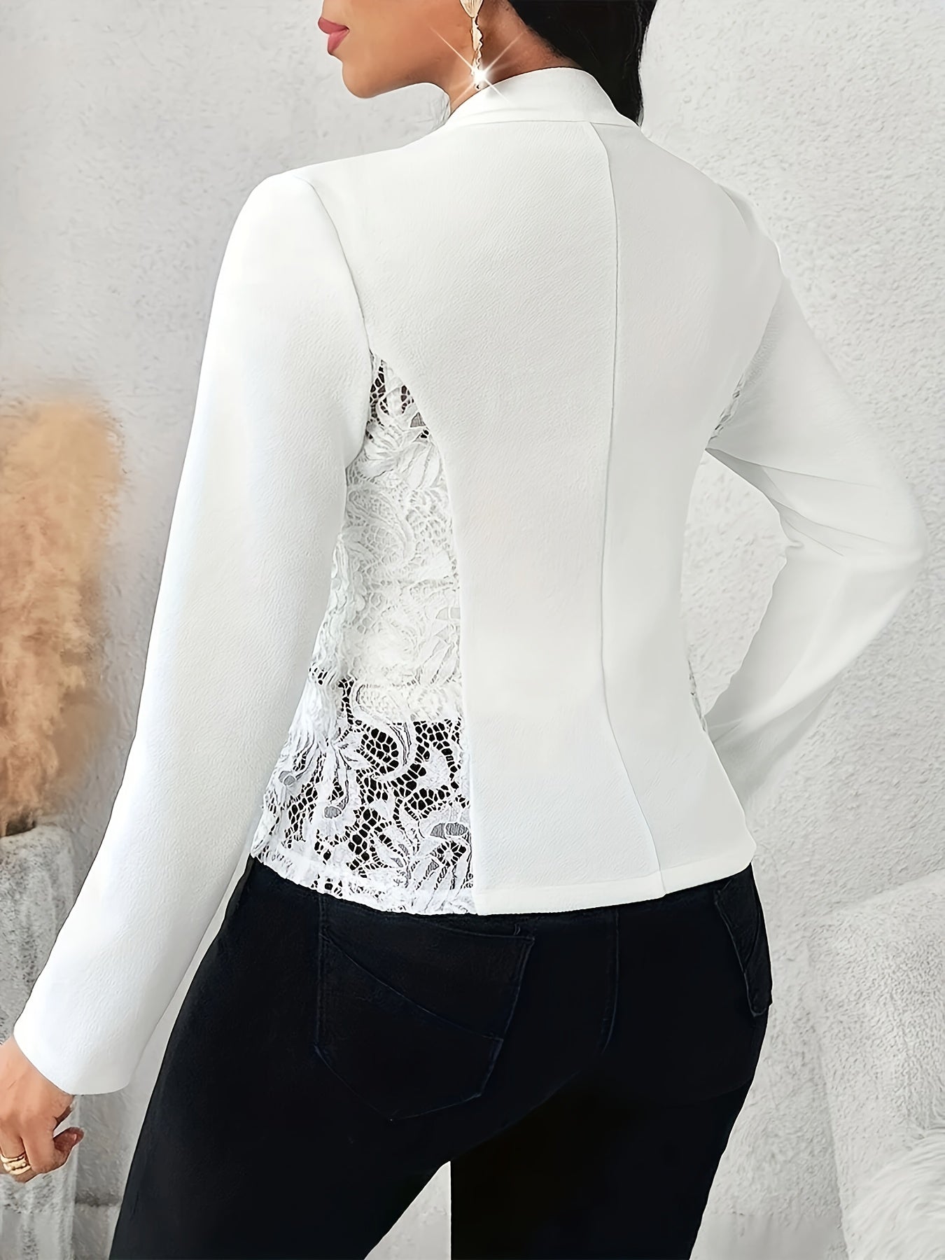 Women's Elegant Black Lace-Trimmed Blazer - Chic Long Sleeve, Open Front Jacket with Floral Pattern Detailing, Machine Washable, Polyester and Spandex Blend