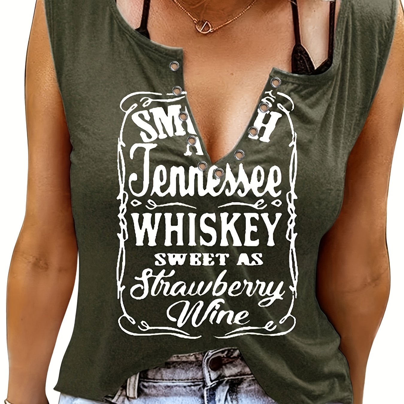 Ladies' Fun Alphabet Print V-Neck Sleeveless T-Shirt - Polyester, Casual Style, Machine Washable, Lightweight & Comfortable for Casual Attire, Ladies T Shirts