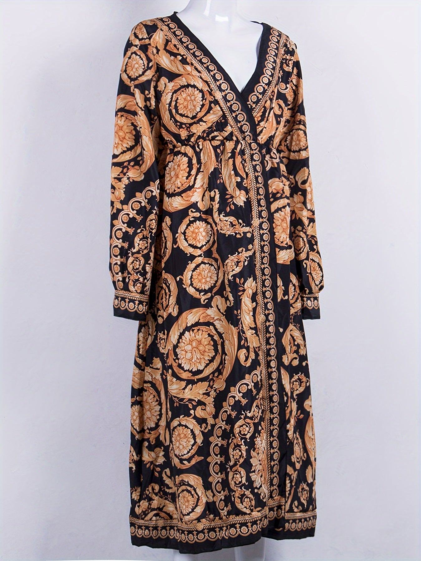 Women Bohemia Dress Long Sleeve Deep V-Neck High Split Long Dress Dress Beach Vacation Sundress