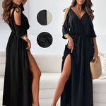 Elegant V-Neck Maxi Dress with Cold Shoulder Design and Side Slit - Black, Perfect for Spring/Summer, Machine Washable, Women’s Fashion