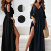 Elegant V-Neck Maxi Dress with Cold Shoulder Design and Side Slit - Black, Perfect for Spring/Summer, Machine Washable, Women’s Fashion