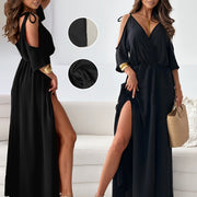 Elegant V-Neck Maxi Dress with Cold Shoulder Design and Side Slit - Black, Perfect for Spring/Summer, Machine Washable, Women’s Fashion