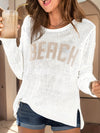 Relaxed Beach-Themed Long Sleeve Knit Sweater for Women - Spring/Autumn Season, Polyester Material, Round Neck, Letter Pattern, Casual Style