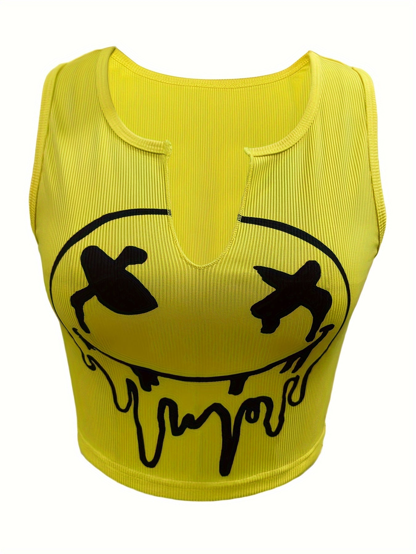 Melted Smile Print Crew Neck Tank Top, Cute Sleeveless Tank Top For Summer, Women's Clothing