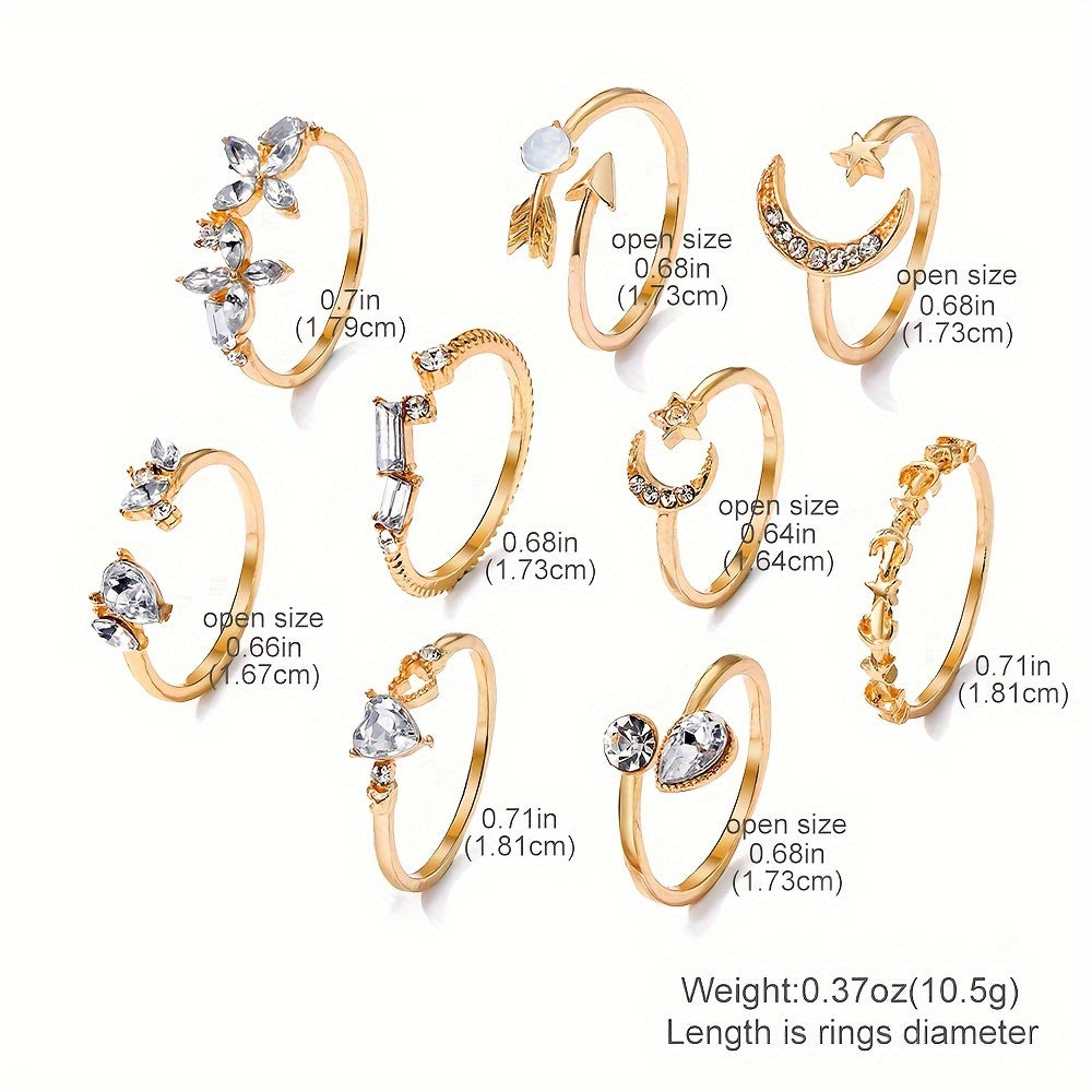45pcs Set of Elegant and Fashionable Multi-Style Rhinestone Heart Butterfly Rings, Personalized and Luxurious, Open and Stackable Ring Set, Random Style, Without Box