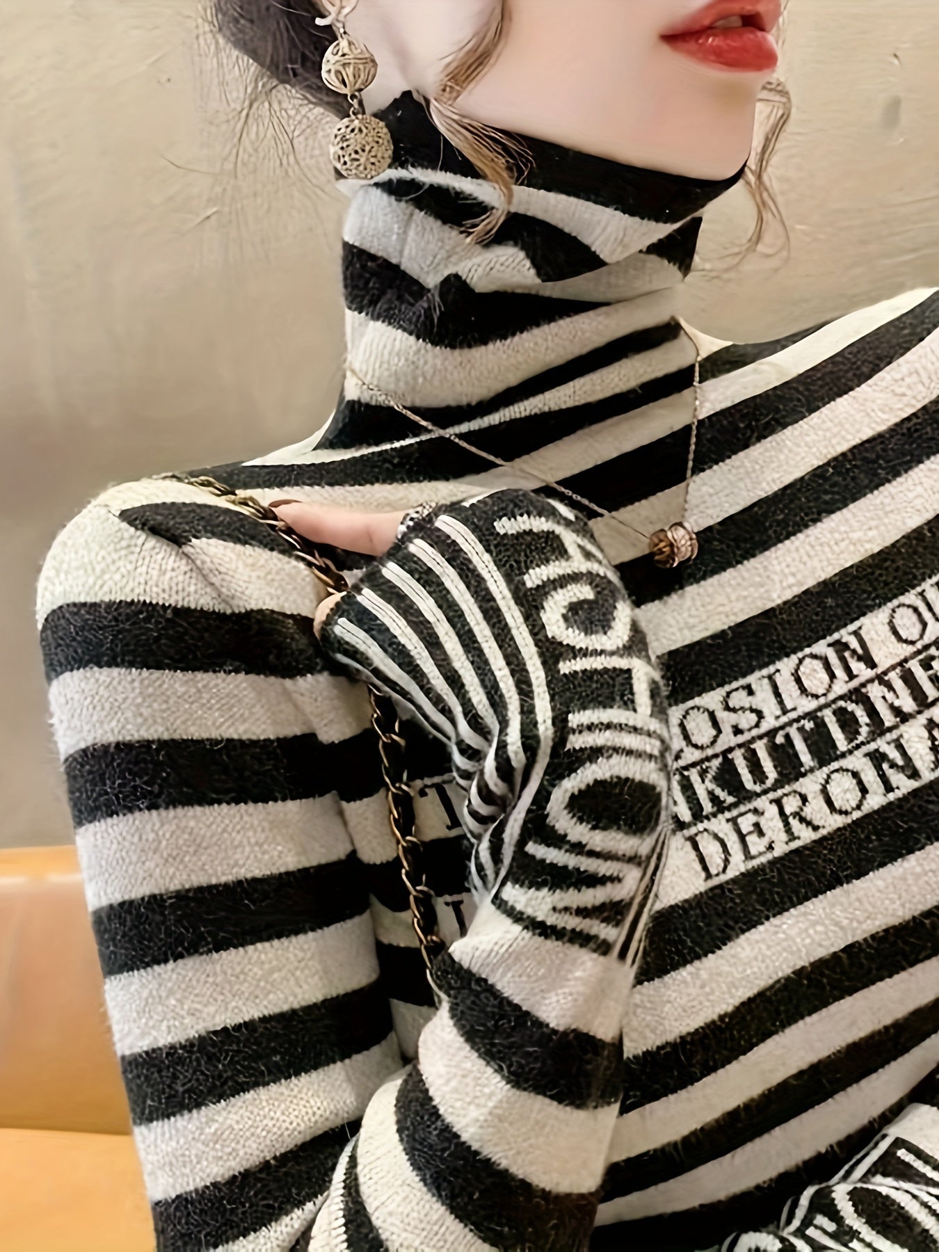 Striped Pattern Turtle Neck Sweater - Casual Long Sleeve Slim Fit Pullover Sweater for Fall & Winter - Women's Clothing - Soft & Cozy Fabric - Perfect Gift for Women