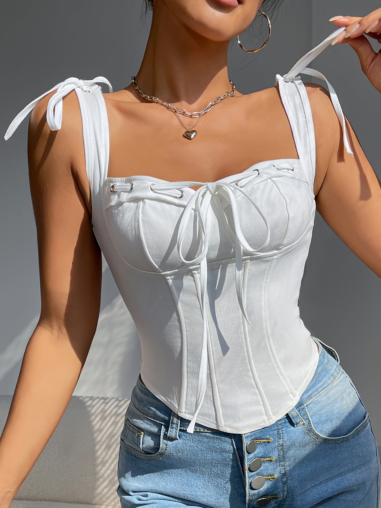 Chic Solid Color Drawstring Slimming V-Neck Tank Top for Women - Elegant Backless Design, Stretchy Polyester Blend, Perfect for All Seasons, Sexy Style, Going Out Occasion, Conventional Version, Four Seasons