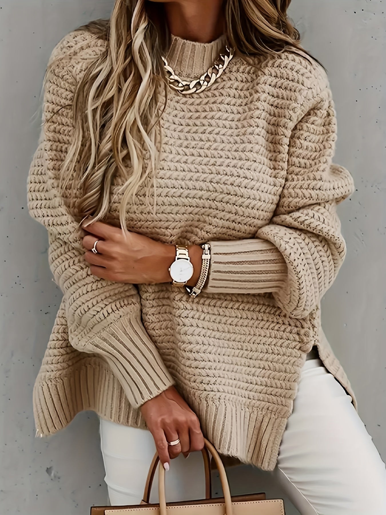 Low High Hem Mock Neck Sweater - Casual Long Sleeve Sweater For Fall & Winter - Women's Clothing - Soft & Cozy Fabric - Perfect for Layering - Ideal Gift for Women