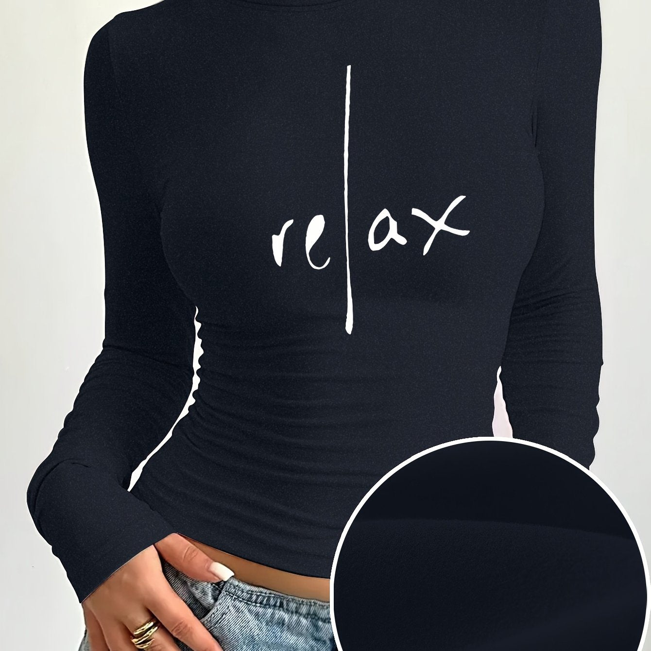 Women'S Elegant Long Sleeve Crew Neck T-Shirt with "Relax" Letter Print, Knit Polyester Blend, Skinny Fit, Short Length, Medium Stretch, Fall/Winter Casual Layer Top