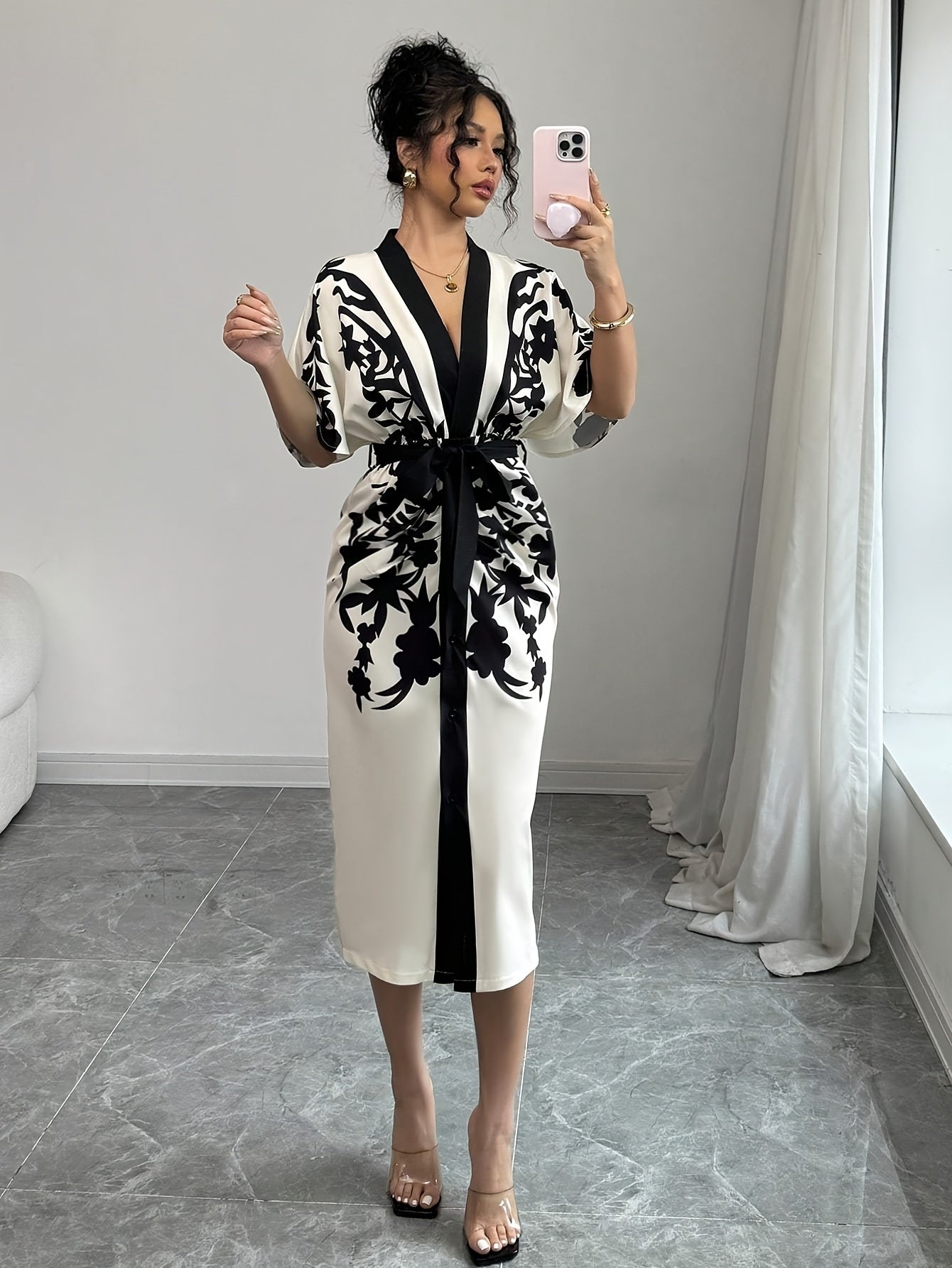 Women's Front Tie Short Sleeve Printed Slim Fit Dress {Elegant Directional}