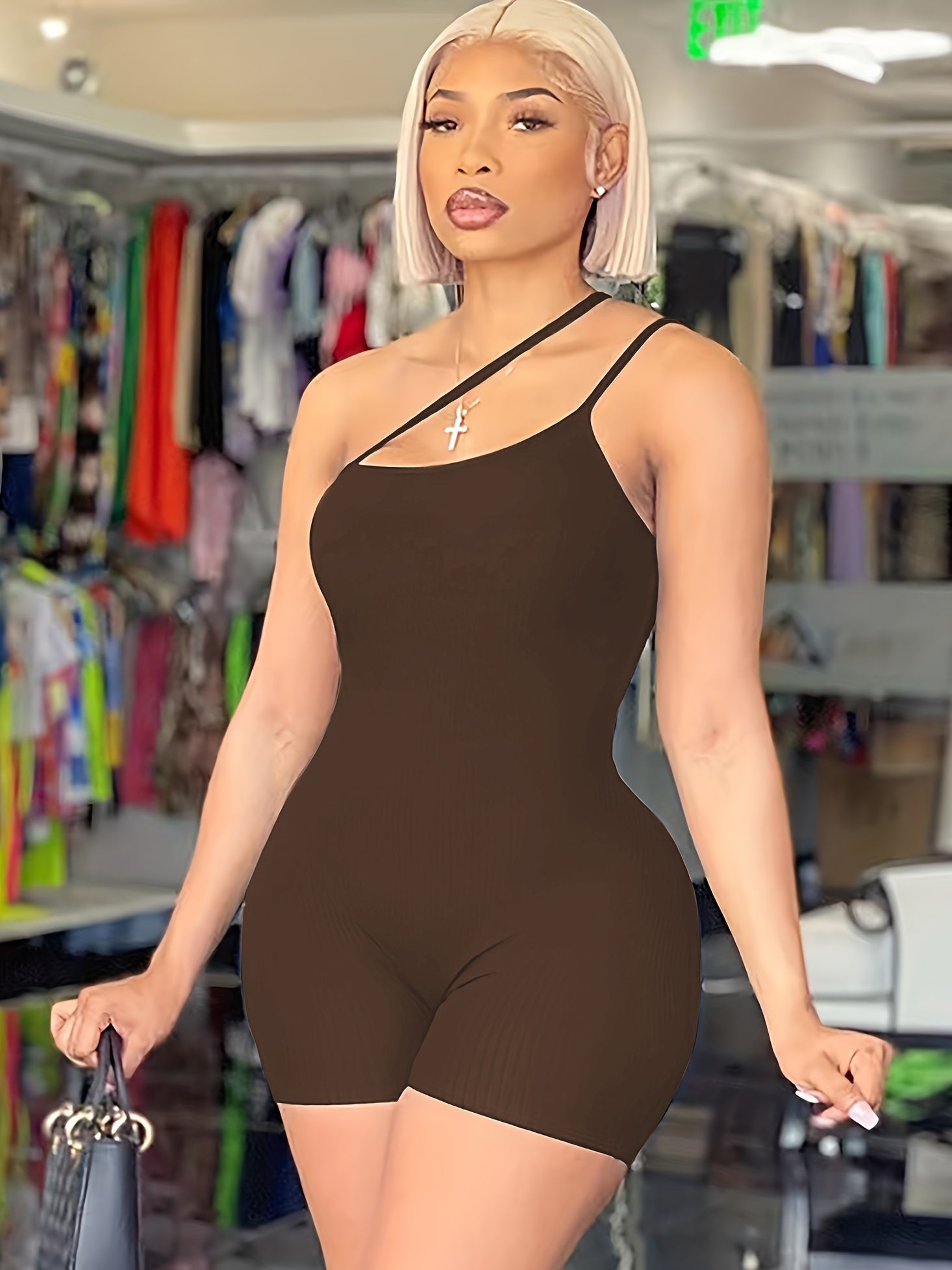 Solid One Shoulder Slim Romper Jumpsuit - Sexy Sleeveless Design - For Women - Perfect for Parties & Night Out - Stylish Gift for Fashionable Ladies