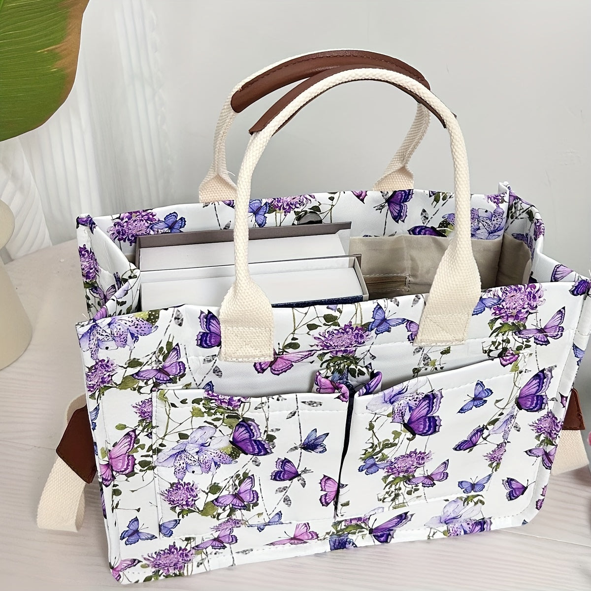 Butterfly Tote Bag For Women Canvas Patched Purse Cute Shoulder Bag Multi-Pocket Satchel Handbag For Work Books Travel, Bag Only