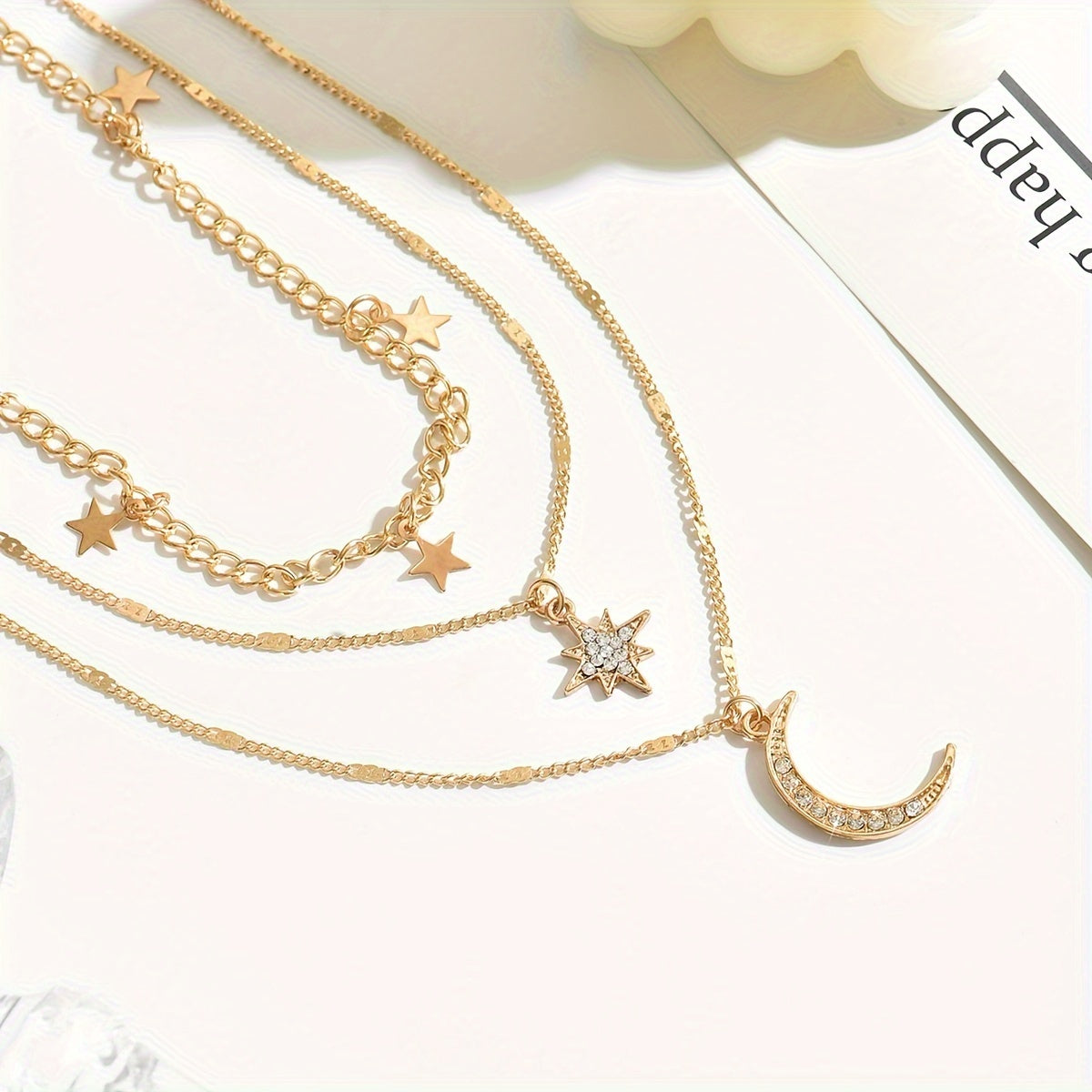 Elegant Boho-Chic Multi-Layer Golden Necklace for Women with Star and Moon Pendants, Sparkling Rhinestone Accents - Vintage/Bohemian Style, Zinc Alloy, Perfect for Casual Attire, Charm Necklace