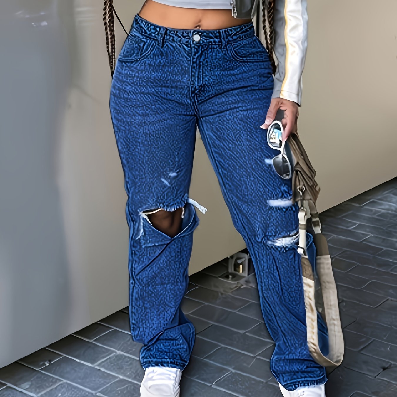 Ladies' Mid Waist Casual Ripped Denim Straight Leg Pants, Comfortable And Versatile, Suitable For Daily Use, Campus, Gatherings, And Travel