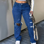Ladies' Mid Waist Casual Ripped Denim Straight Leg Pants, Comfortable And Versatile, Suitable For Daily Use, Campus, Gatherings, And Travel