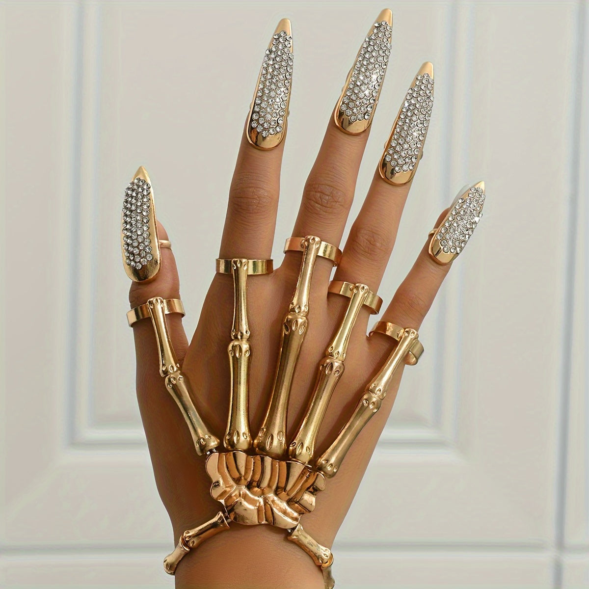 Vintage Punk Skeleton Hand Ring Set with Rhinestone-Studded Talon Nail Covers, Zinc Alloy Plated, Adjustable Halloween Jewelry, Gift & Party Accessory, Fits All Seasons