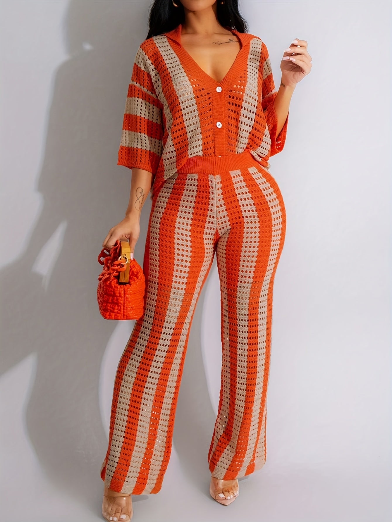 Chic Color Block Knit Top & Pants Set - V-Neck, Hollow-Out Detail, Acrylic, Striped Pattern, Single-Breasted, Vacation Ready, Casual Chic Outfit|Vneck Top|Acrylic Fabric
