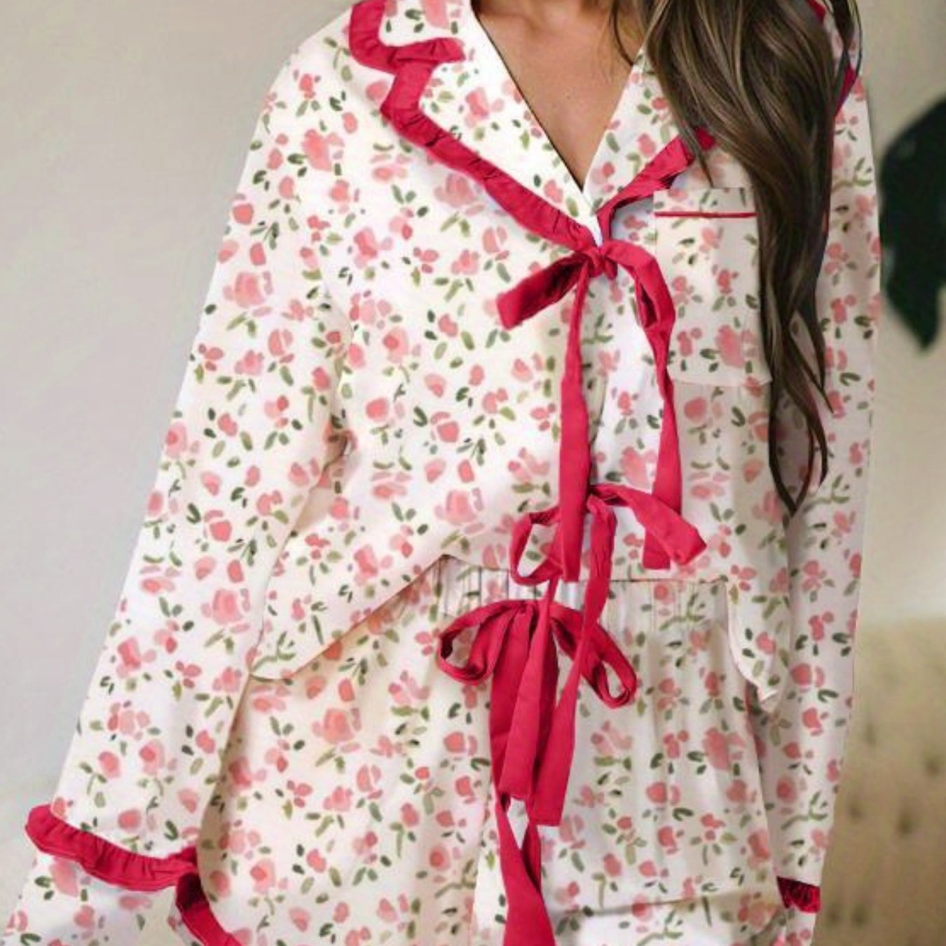 Women Aesthetic Pajamas 2pcs Long Sleeve Bow Lace Up Shirt and Shorts Spring Summer Loungewear Cute Heart Print Sleepwear