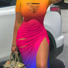 Gradient Charm - Adjustable Drawstring Bodycon Dress with Flattering Short Sleeves - For Fashion-Forward Women