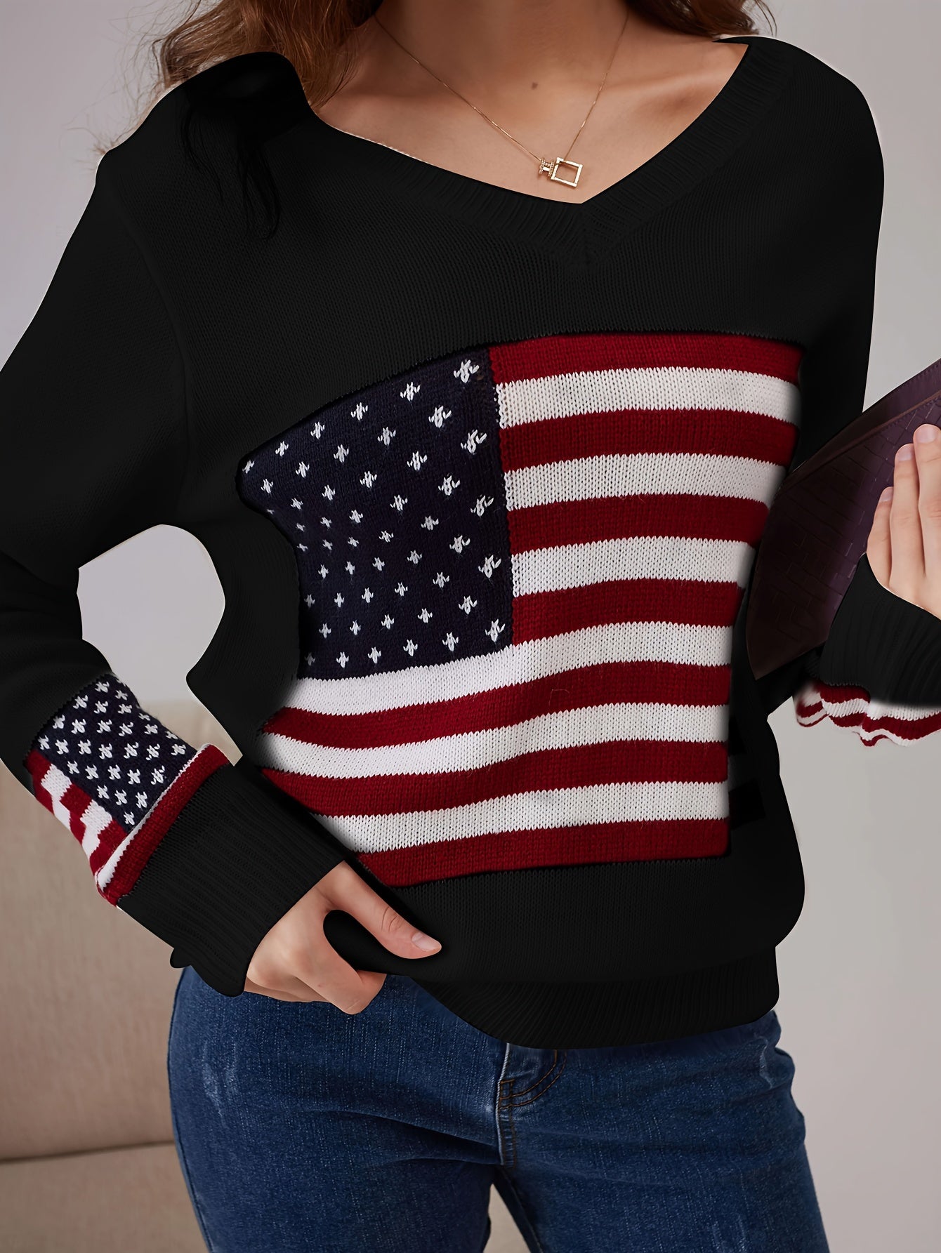 American Flag Print V Neck Sweater, Casual Long Sleeve Sweater For Spring & Fall, Women's Clothing