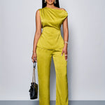 Women'S Casual Solid Color Asymmetrical Neck Top and Pants Set, Sexy Fashionable Business Commute Two-Piece Outfit for Office Work, Polyester Elastane, Spring/Summer Collectio