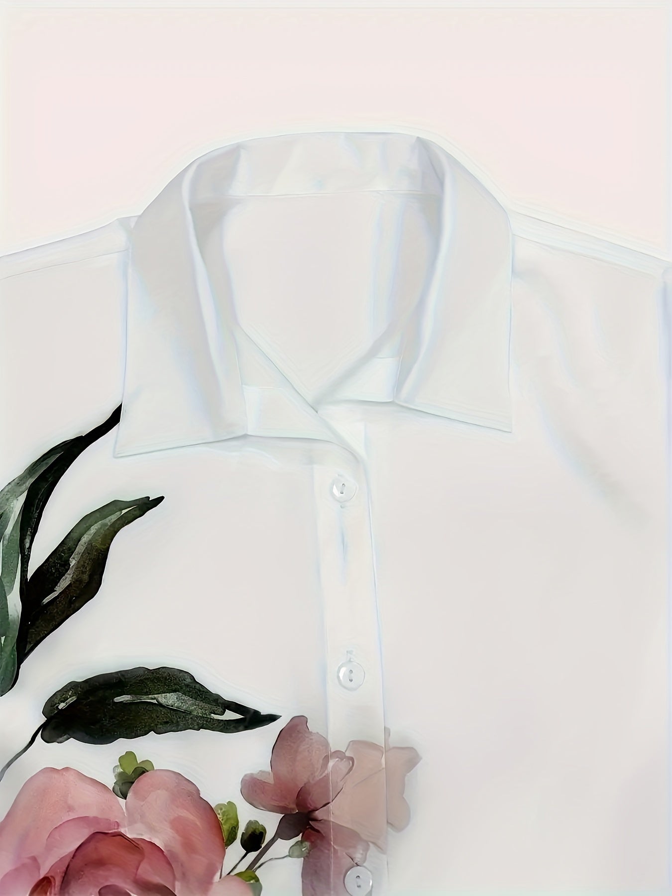 Women'S Floral Print Long Sleeve Casual Button-Up Shirt - White with Pink Roses & Green Leaves, Perfect for All Seasons, Casual Attire|Floral Print Shirt|Long Sleeve Shirt