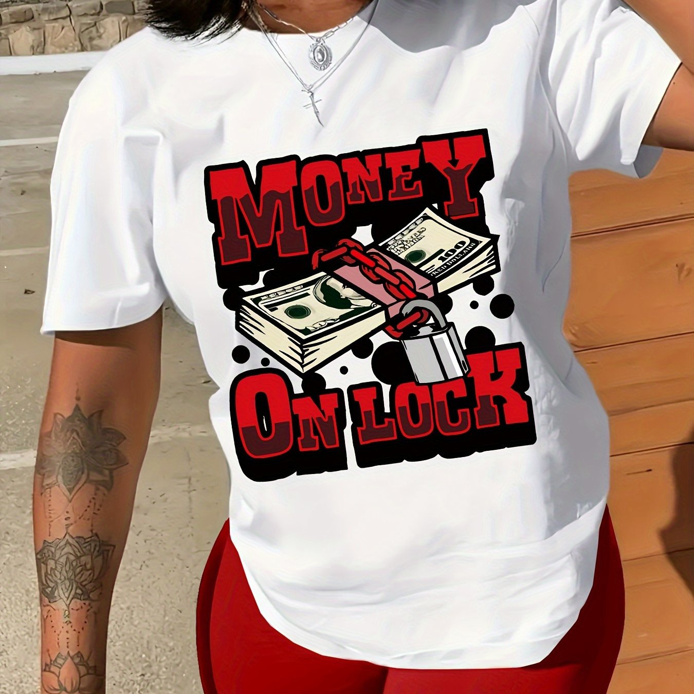 Dollar& Letter Print Crew Neck T-Shirt, Casual Short Sleeve T-Shirt For Spring& Summer, Women'S Clothing