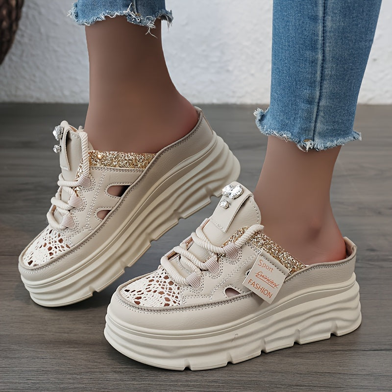 Women's Shoes 2024 Summer Hollow Out Thick Sole Plus Size Platform Sequin Casual Outdoor Sports Shoes