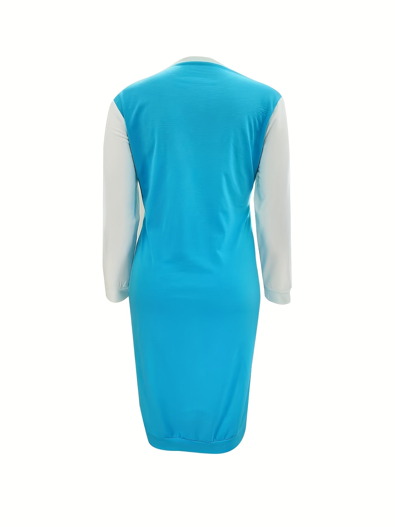 Plus-Size Casual Dress for Women, Featuring a Stylish Printed Color-Blocked Design with a Slit, Resembling a Sweatshirt Dress.