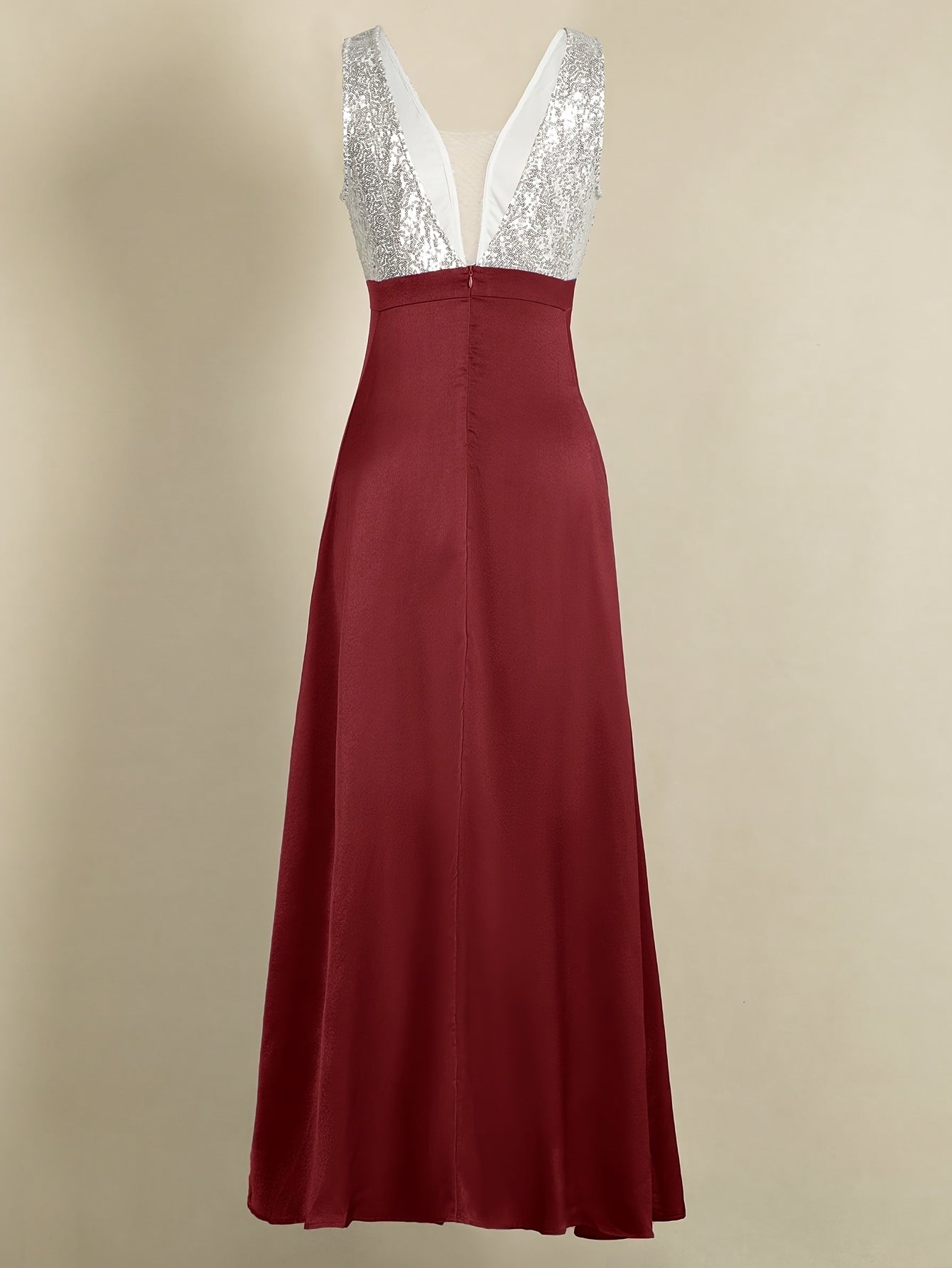 Women's Elegant Sleeveless Deep V-Neck Sequin & Satin Evening Gown - A-Line Mermaid Formal Dress with Super Long Train for Weddings, Galas & Special Occasions, Wedding Guest Attire | Sequined Bodice