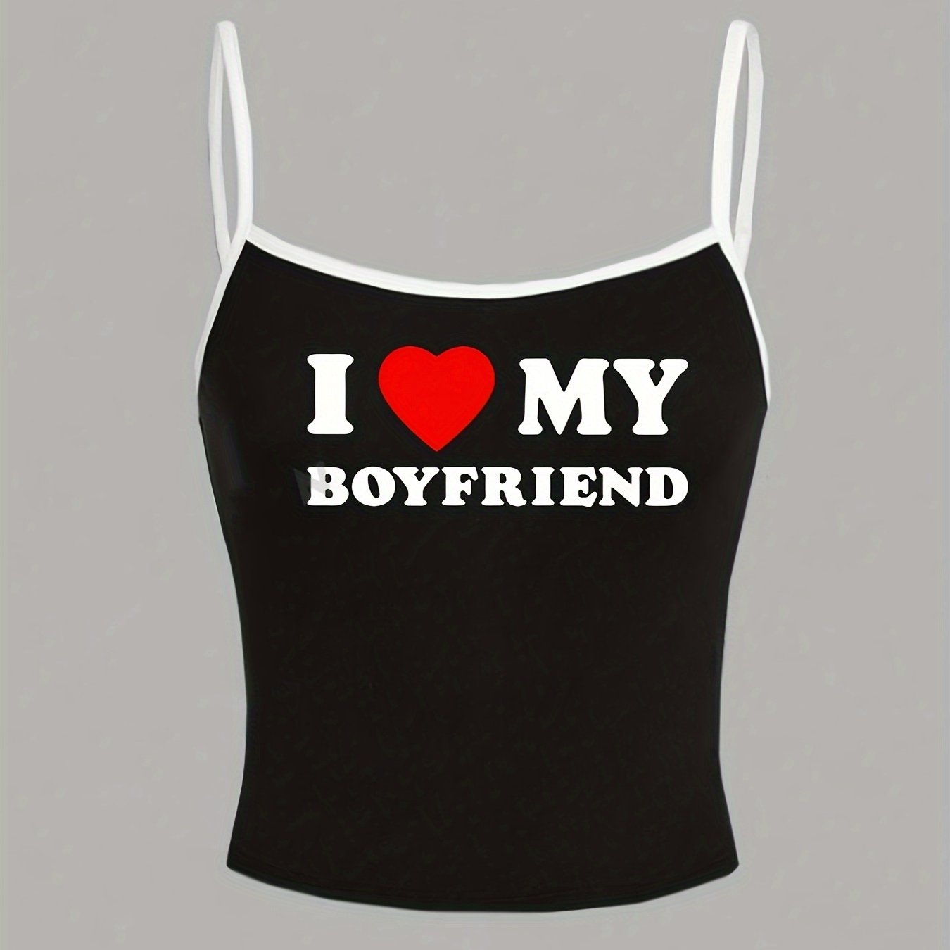 Y2K-Inspired "I Love My Boyfriend" Tank Top - White with Black Straps, Heart Graphic, Casual All-Season Top for Women, Casual Wear|Playful Graphic Top|Comfortable Strap Design, Y2K Tank Tops