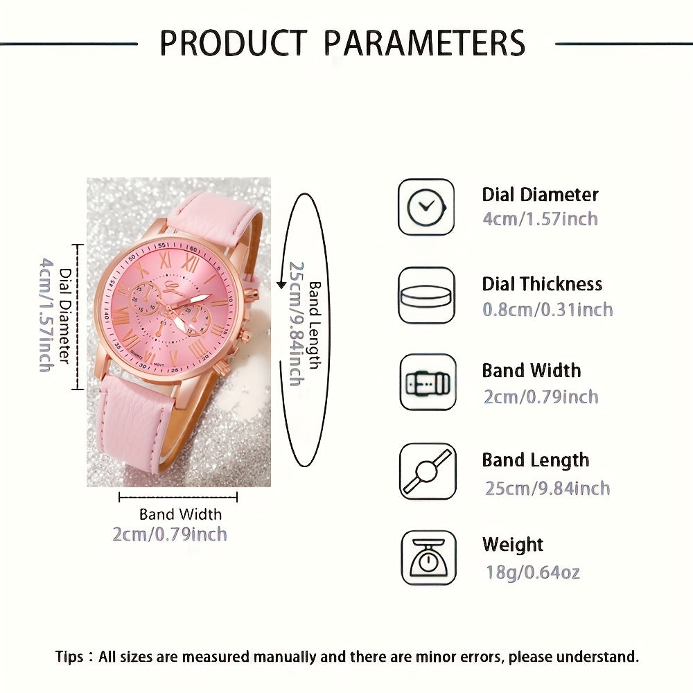 5pcs/Set Elegant College Style Women's Quartz Watch Set, PU Leather Strap Watch+Jewelry Set, Suitable for Daily Use or Gift Giving, Suitable for Wearing Throughout the Year