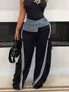Denim Panelled Elastic Waistband Pull-up Loose Straight-leg Pants Striped Casual Sweatpants Women'S Trousers