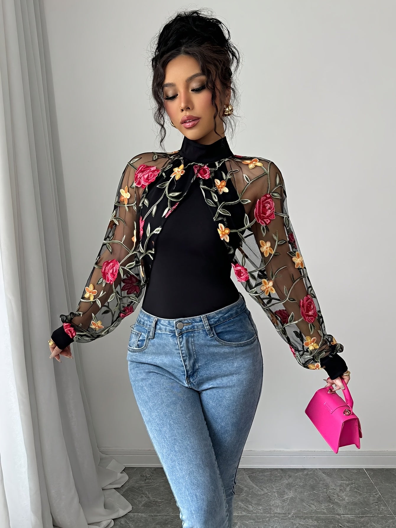 Women's Elegant Rose Embroidered Long Sleeve Blouse with Black & Pink Floral Contrast, Sheer Mesh Panels - Machine Washable Spring/Summer Top for Casual & Formal Wear, Delicate Fabric Top, Floral Print Blouse