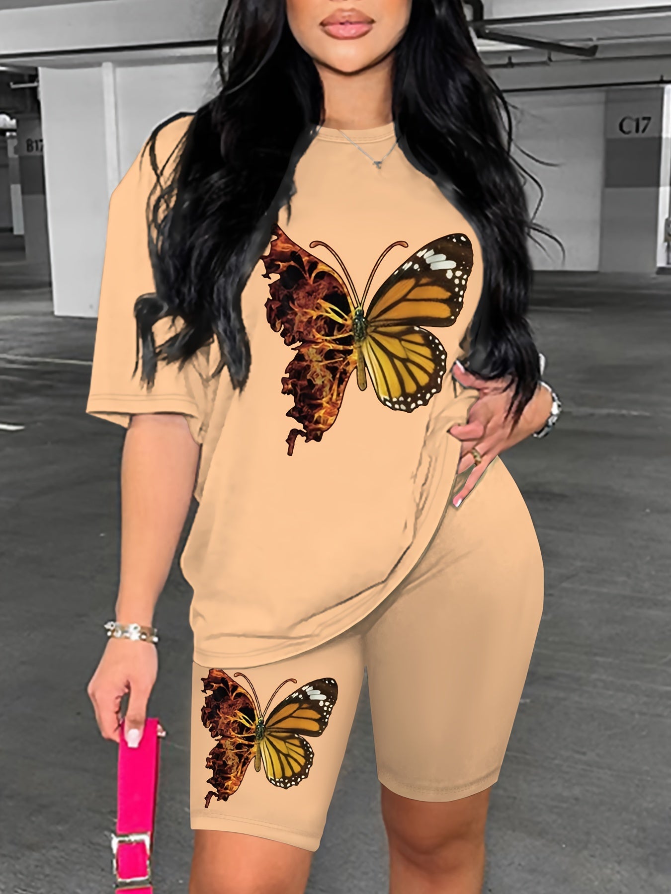 Butterfly Print Matching Two-piece Set, Casual Short Sleeve T-shirt & Skinny Shorts Outfits, Women's Clothing