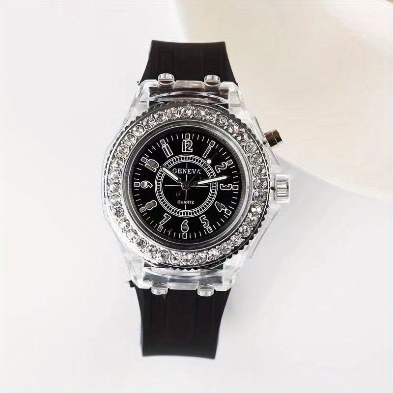 Glow-in-the-Dark LED Trendy Couple'S Watch with Crystal Embellishments, Silicone Strap, and Luminous Display - Perfect for Casual Attire, Casual Watch|Glamorous Timepiece|Polycarbonate Case