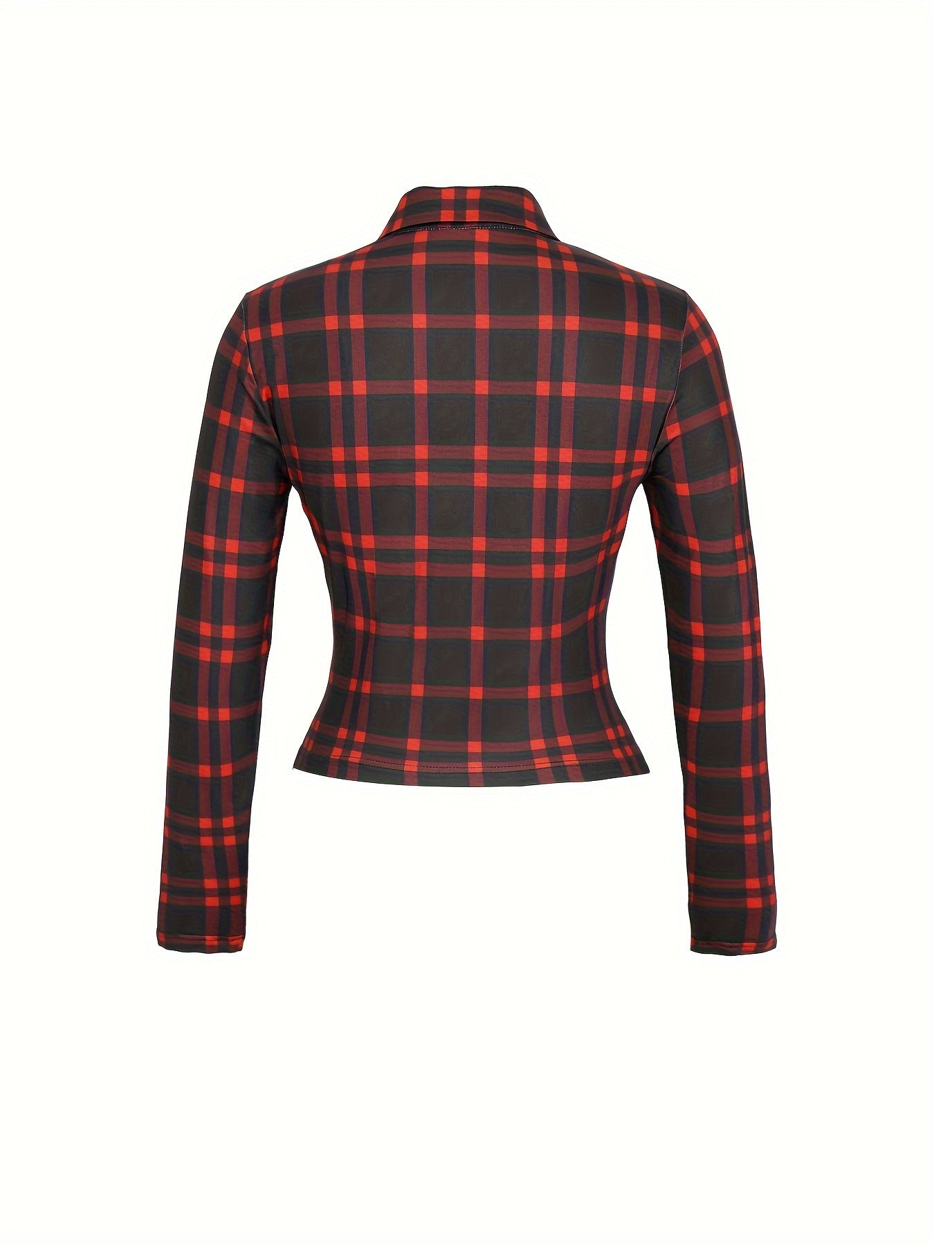 Women's Fashionable Plaid Long Sleeve Top with Deep V-Neck and Ruched Detail - Stretchy Polyester Blend, Casual Style, Machine Washable