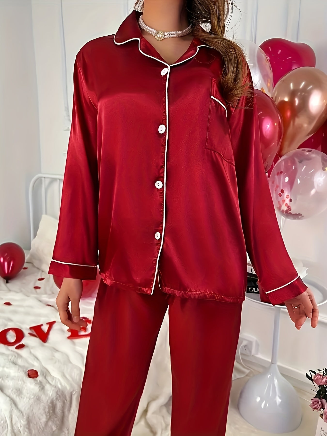 Simple Solid Satin Lounge Set, Long Sleeve Buttons Lapel Top & Elastic Pants, Women's Loungewear