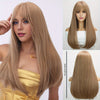 Long Natural Straight Dark Brown Wig, Blunt Bangs, Synthetic Fibers, Perfect For Daily Wear, Rose Net, 24 Inch
