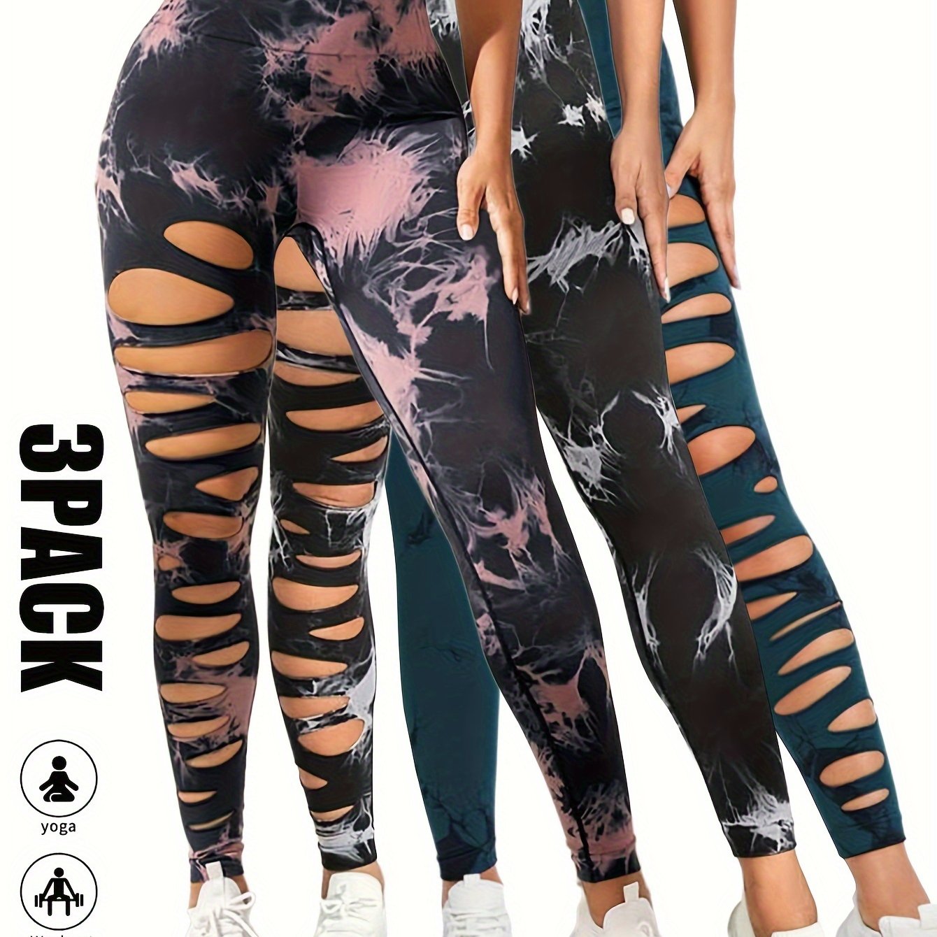 [3 Pack High Waist Yoga Leggings] 3 Pack Women's Tie Dye Cutout Tights High Waist Workout Yoga Leggings, Scrunch Butt Lifting Elastic Pants, Womens High Waist Yoga Pants Cutout Ripped Tummy Control Workout Running Yoga Skinny