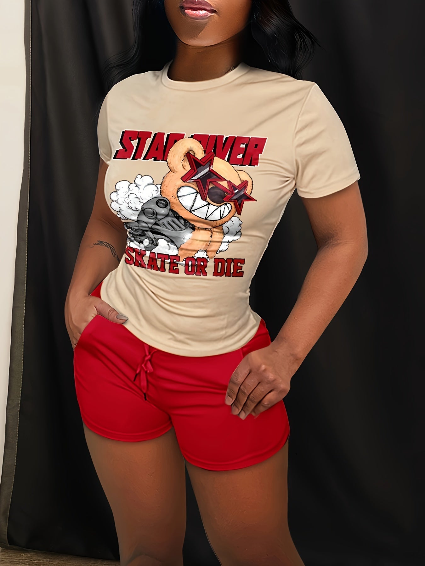 Casual Two-piece Set, Graphic & Letter Print Crew Neck Short Sleeve Top & Shorts Outfits, Women's Clothing