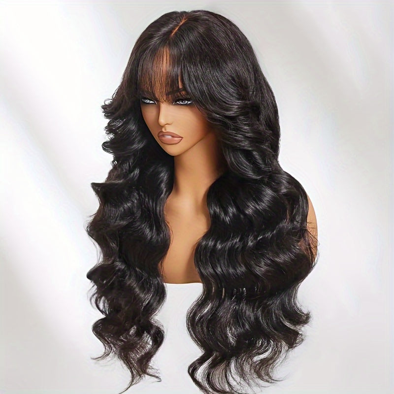 Klaiyi Fluffy Loose Wave 13x4 Lace Frontal Wig With Bangs Pre Cut Pre Bleached Pre Plucked Lace Front Human Hair Wig Ready To Wear Pre Everything Wig