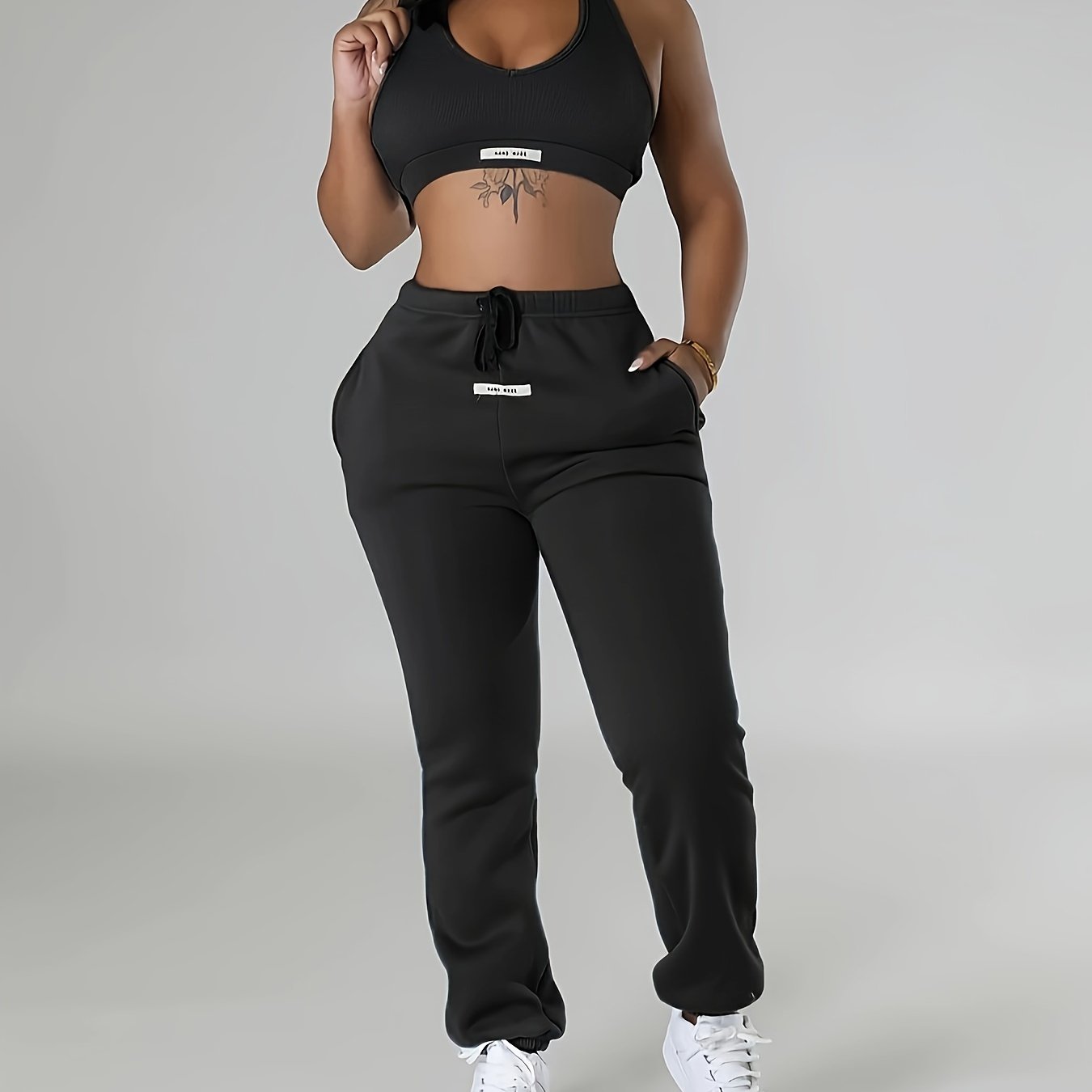 Chic Women's Halter Neck Backless Crop Top & High-Waist Jogger Set - Stretchy Polyester/Spandex Blend, Machine Washable, Casual Solid Color, Perfect for Fall/Winter