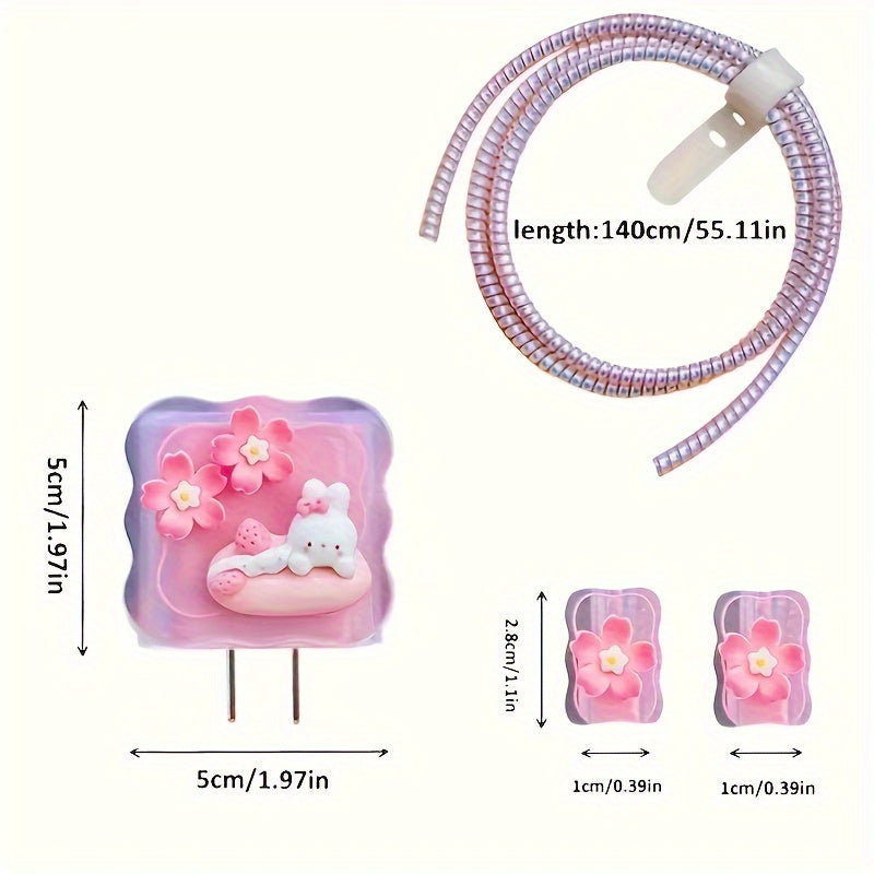 5-Pack Cute Bunny Pattern TPU Charger and Cable Protector Set, 18/20W Fast Charger Head Anti-Break Winder, Ideal Gift for Boyfriend/Girlfriend