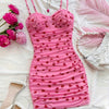 Women's Stylish Pink Heart Print V-Neck Cami Dress - Sleeveless Ruched Bodycon Summer Dress for Casual or Vacation Wear, Romantic Getaway Attire | Vneck Dress | Gathered Detailing