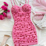 Women's Stylish Pink Heart Print V-Neck Cami Dress - Sleeveless Ruched Bodycon Summer Dress for Casual or Vacation Wear, Romantic Getaway Attire | Vneck Dress | Gathered Detailing