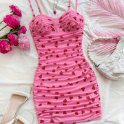 Women's Stylish Pink Heart Print V-Neck Cami Dress - Sleeveless Ruched Bodycon Summer Dress for Casual or Vacation Wear, Romantic Getaway Attire | Vneck Dress | Gathered Detailing