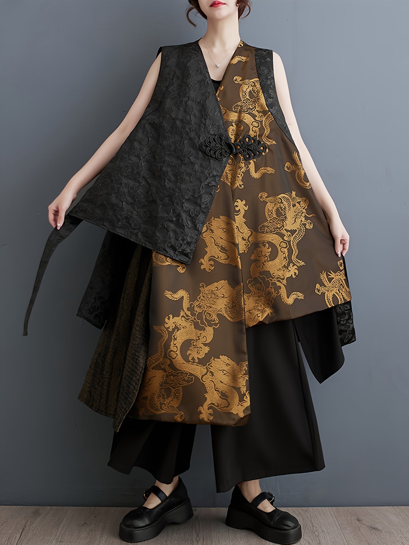 1pc Elegant Plus Size Golden Dragon Print Sleeveless Kimono Cardigan - Casual Polyester Woven Outerwear with Asymmetrical Hem and Criss-Cross Neck Design